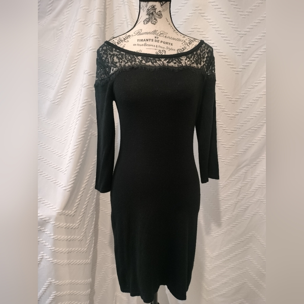 Express Black Knit Sweater Dress with Lace Detail - EUC - Chic Cute Elegant Sz M